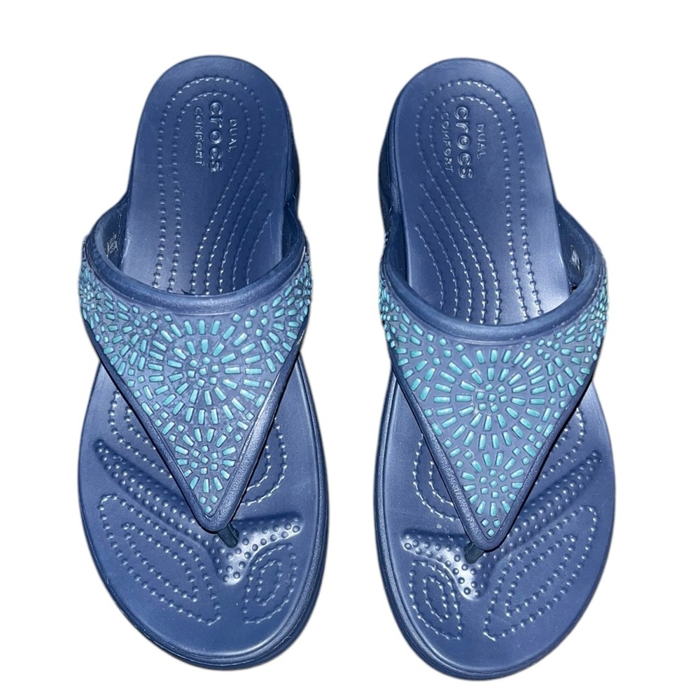 Crocs Monterey Diamante Wedge Flip Blue w/turquoise platform slides chunky sz. 6